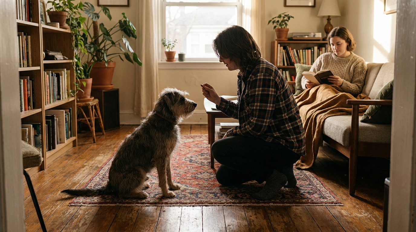 tutor treinando cachorro a ficar no tapete para lidar com ciúmes de forma positiva.