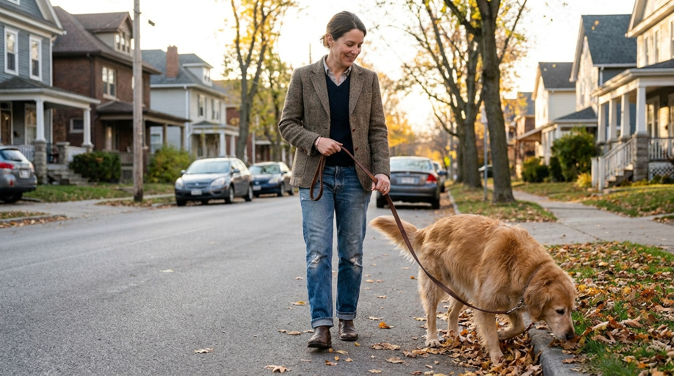 cachorro caminhando calmamente com o tutor em passeio na rua