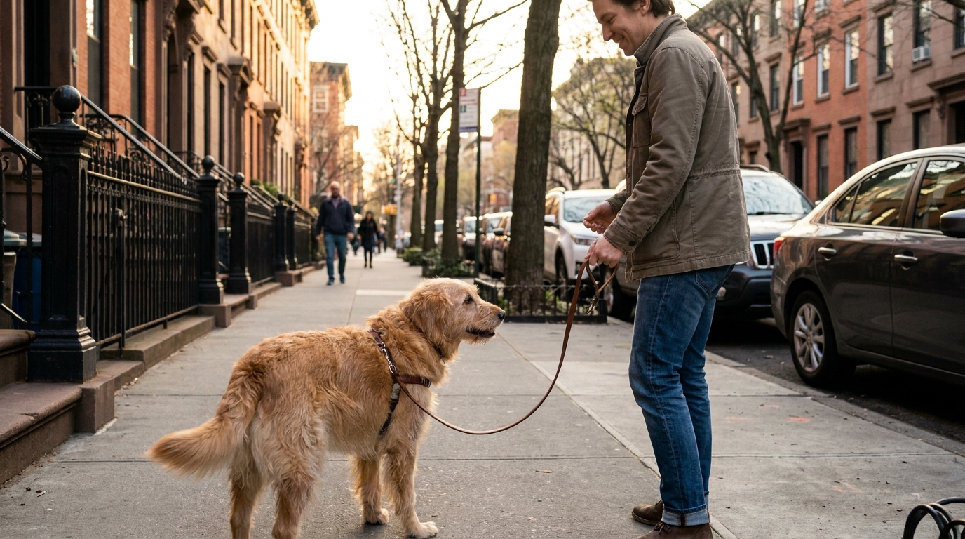 tutor ajustando o percurso do passeio com cachorro em rua tranquila