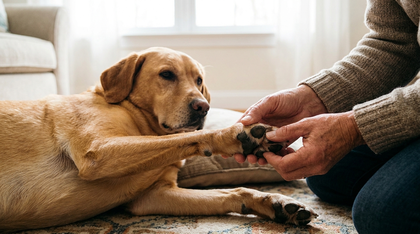 Tutor examinando a pata de um cachorro em busca de machucados ou objetos.
