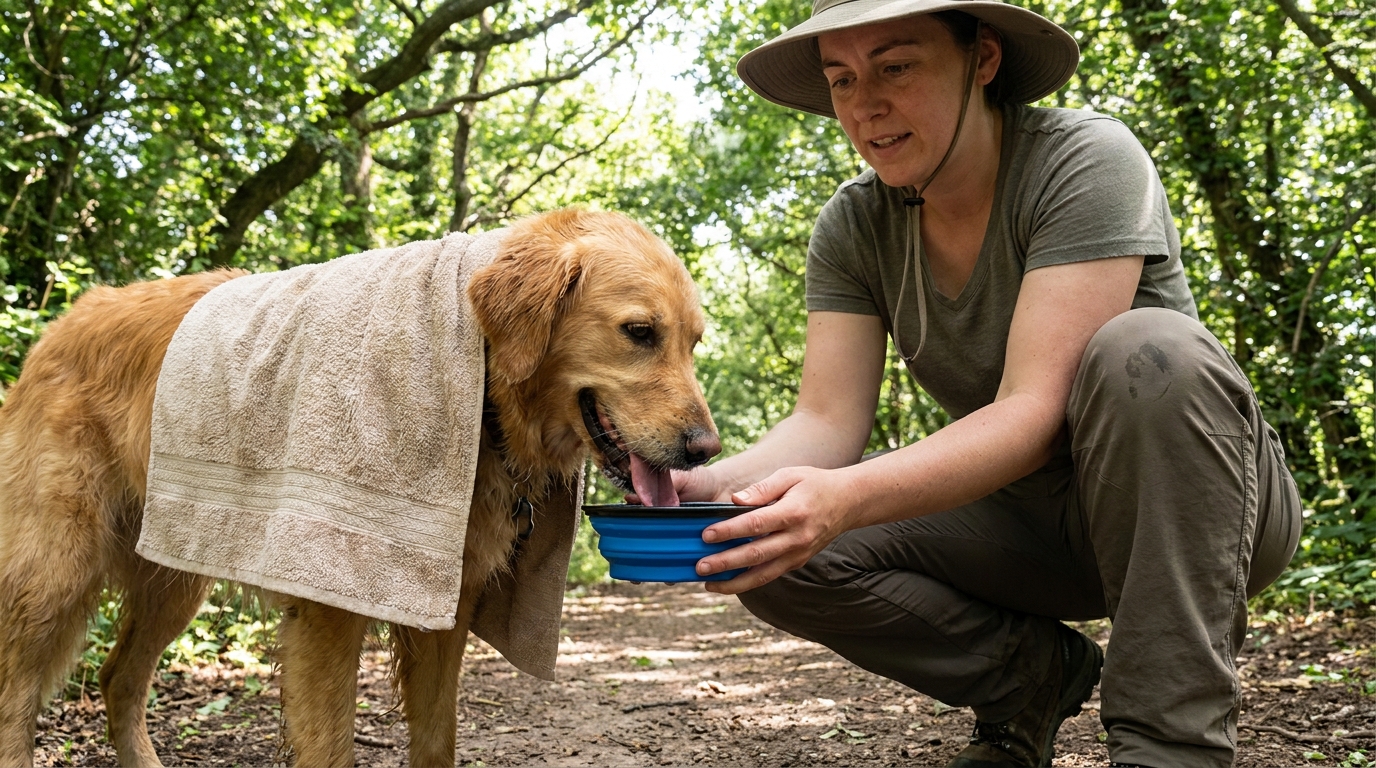 Tutor resfriando cachorro ofegante com água e toalha úmida no calor.