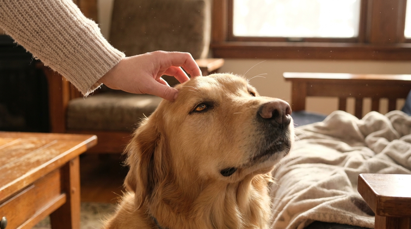 Tutor fazendo carinho em cachorro que o encara com amor