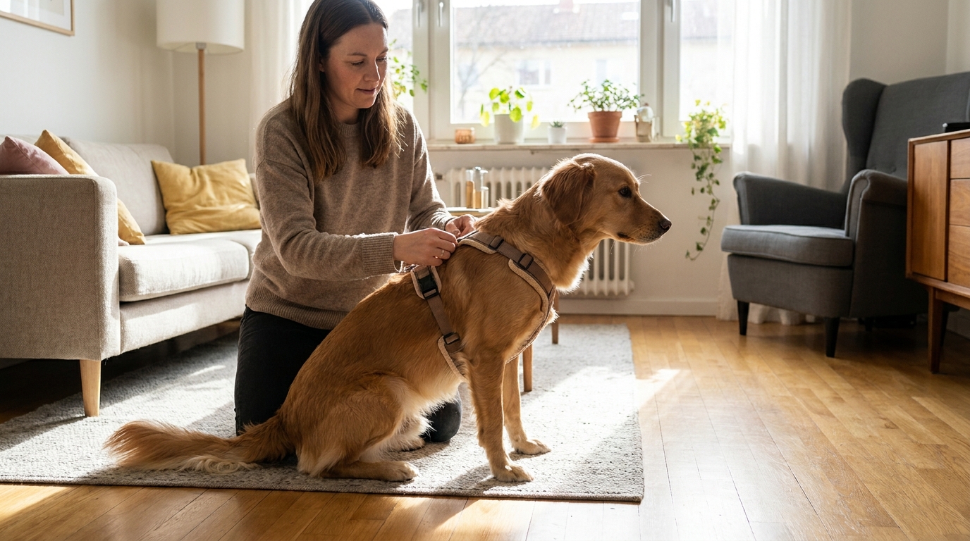 Tutor colocando um peitoral confortável em um cachorro, mostrando a importância da escolha correta.