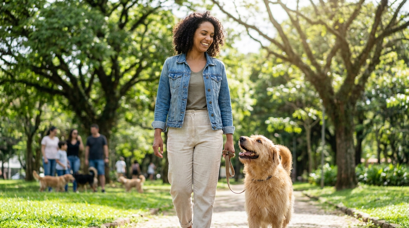 Tutor feliz caminhando com cachorro sorrindo em parque, coleira frouxa.