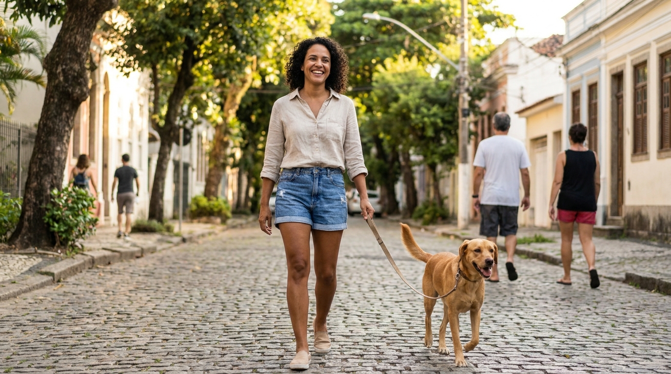 Pessoa sorrindo passeando com cachorro calmo ao lado, guia folgada.