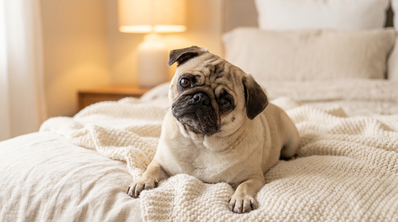 Pug curioso e calmo em sua cama, demonstrando comportamento de cachorro pequeno que late pouco.