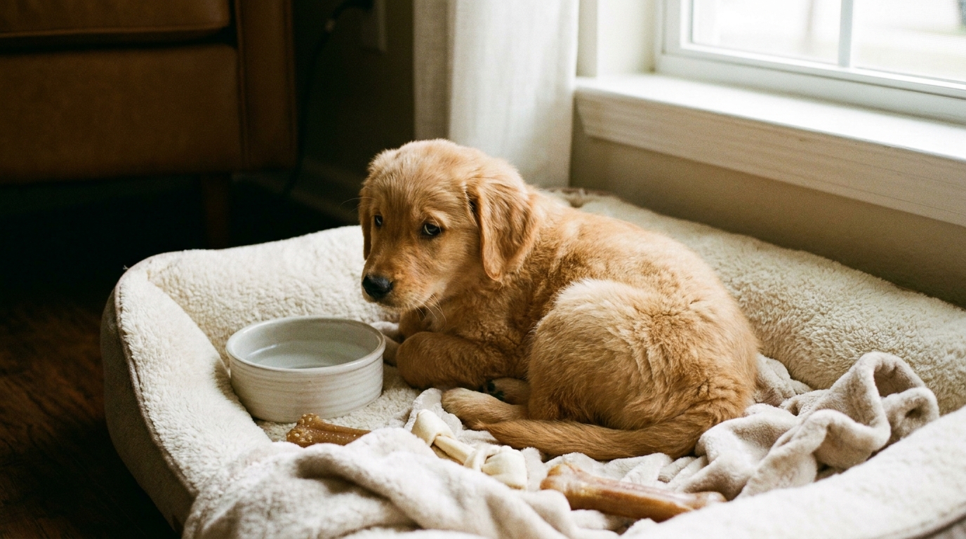 Cachorro pequeno com diarreia leve, expressão triste, próximo à sua tigela de água.