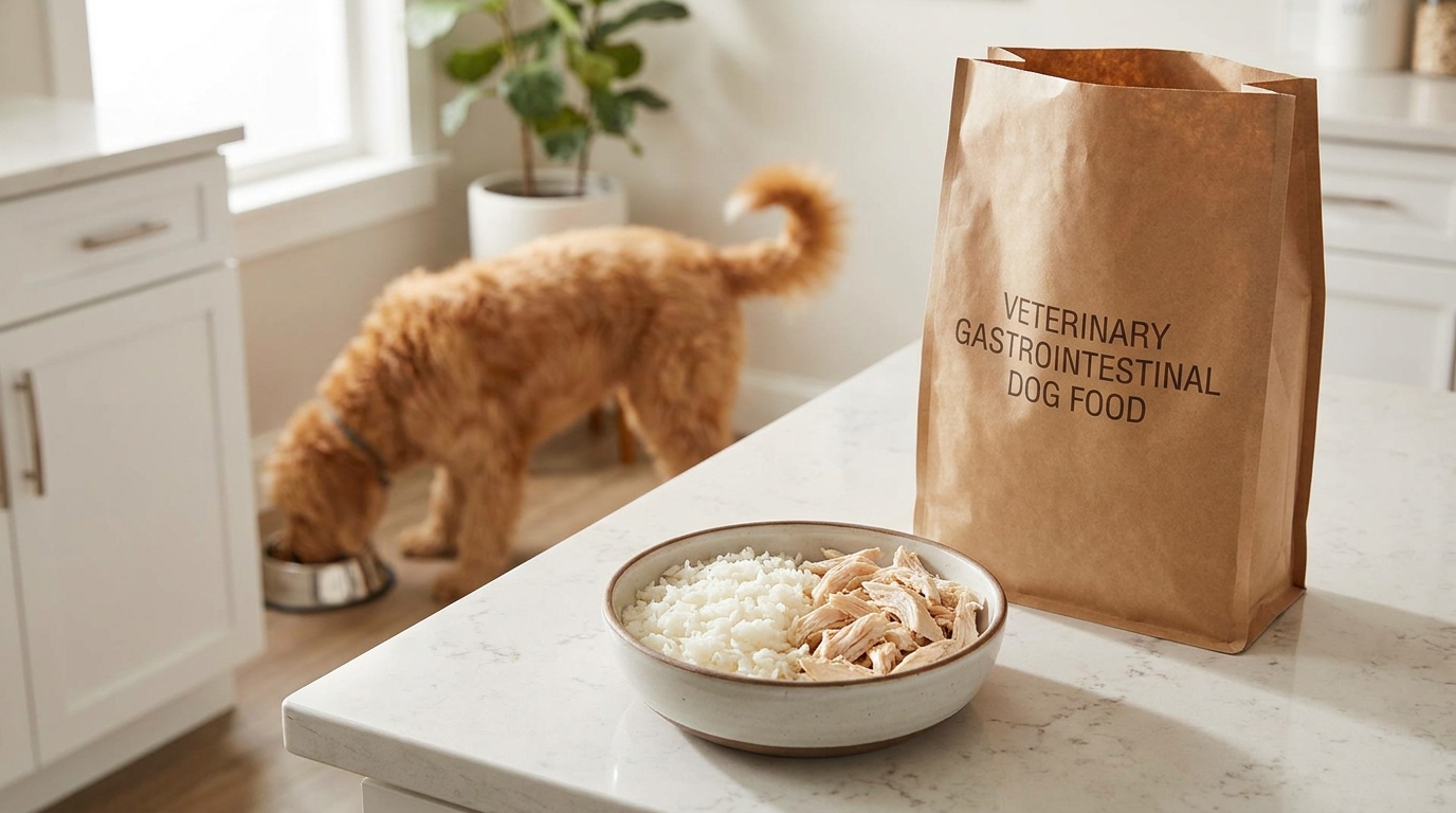 Dieta para cachorro com diarreia: arroz com frango e ração gastrointestinal.