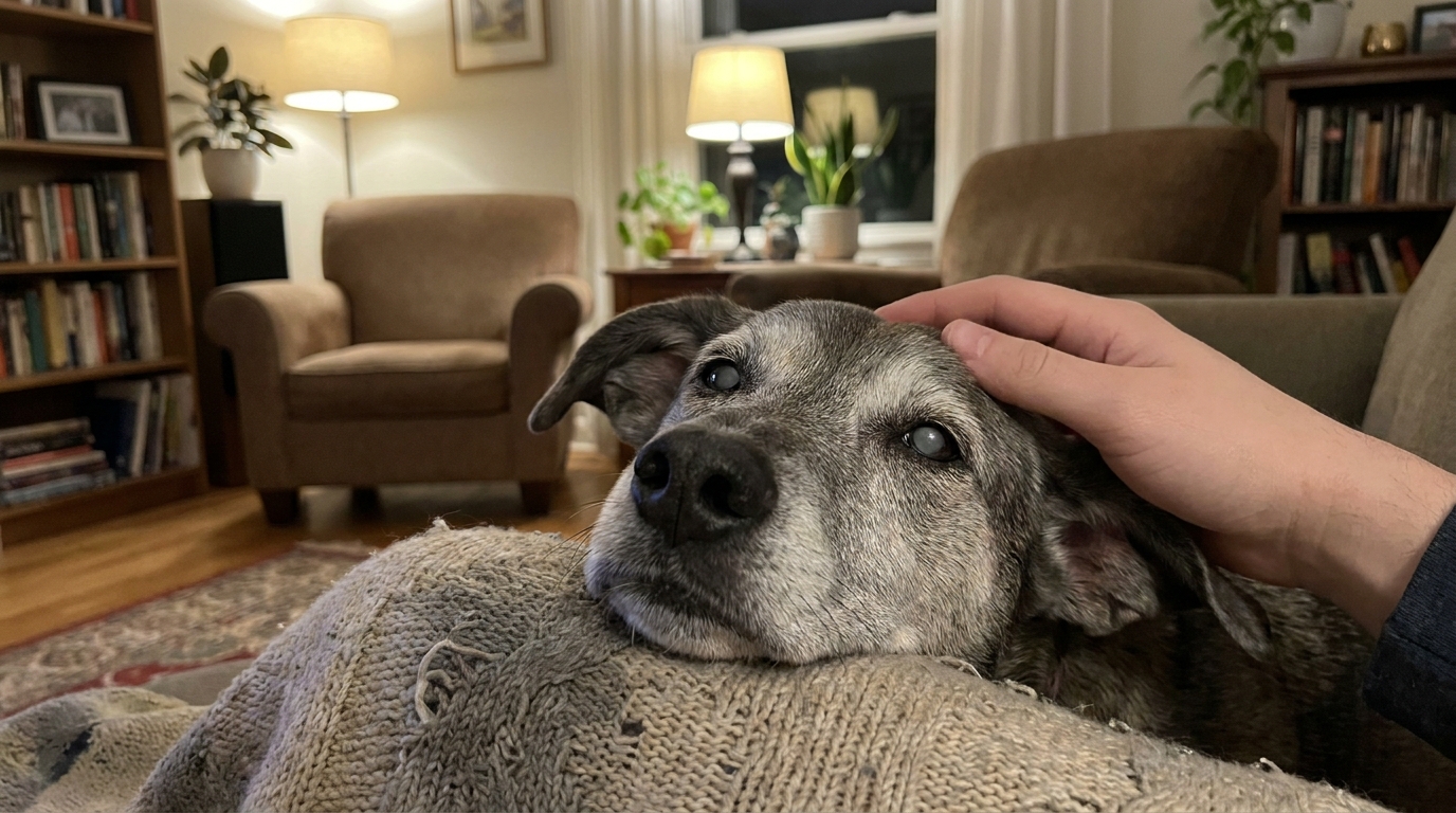 Cachorro idoso com olhar cansado, observando o tutor