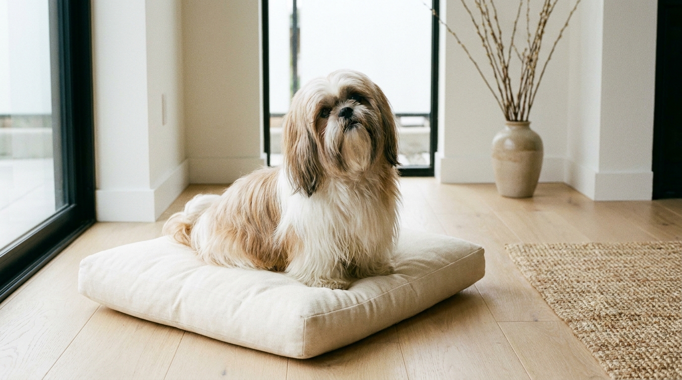 Shih Tzu tranquilo, uma raça de cachorro pequeno que late pouco, em ambiente doméstico.