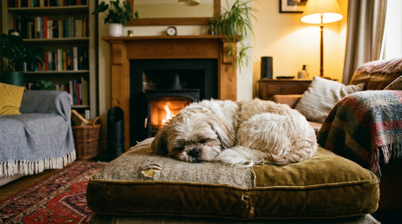 Shih Tzu dormindo em almofada, representando raças de cachorro calmas.