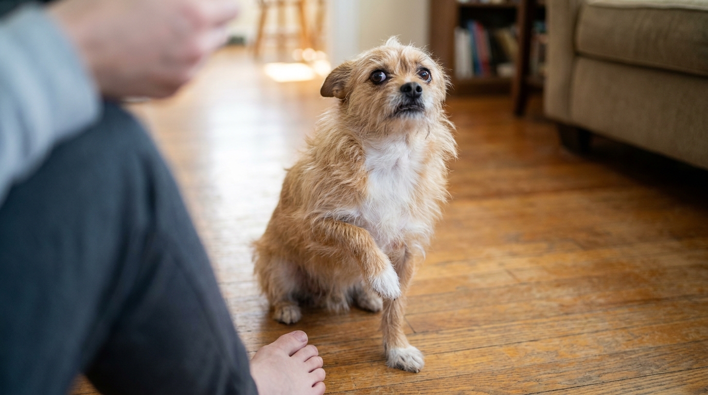 Cachorro pequeno mancando com a pata levantada, expressando desconforto.