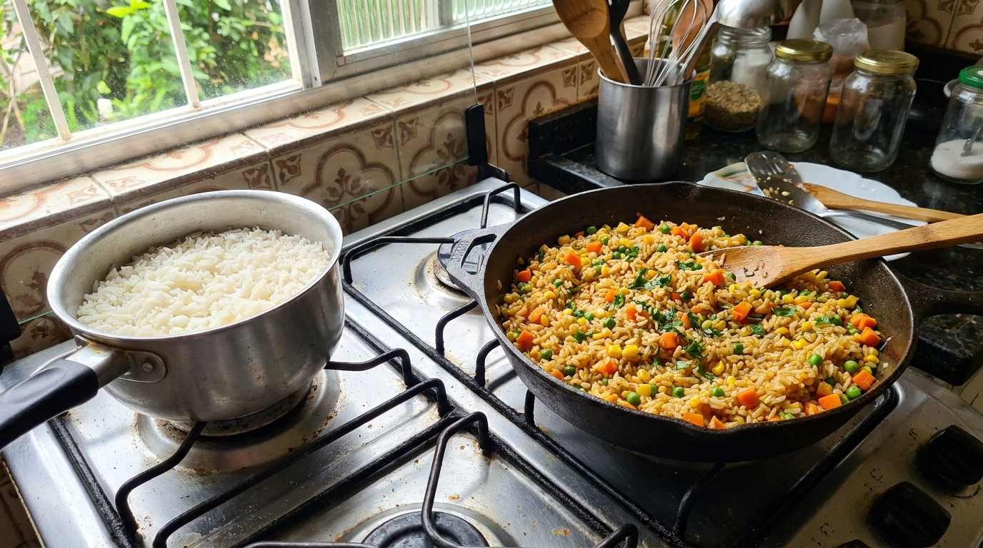 panela com arroz simples e panela com arroz temperado mostrando diferença para cachorro