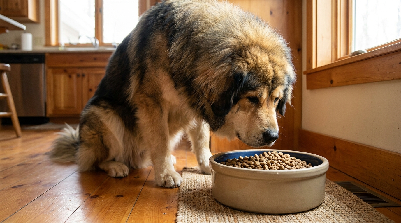 Mastim Tibetano comendo em comedouro, foco na alimentação saudável.