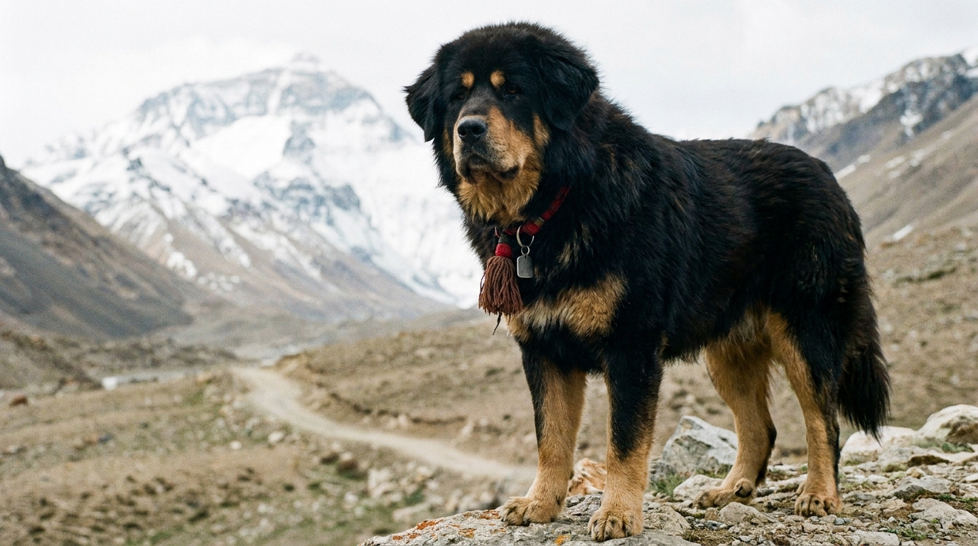 Mastim Tibetano em pose de guarda, mostrando instinto protetor.