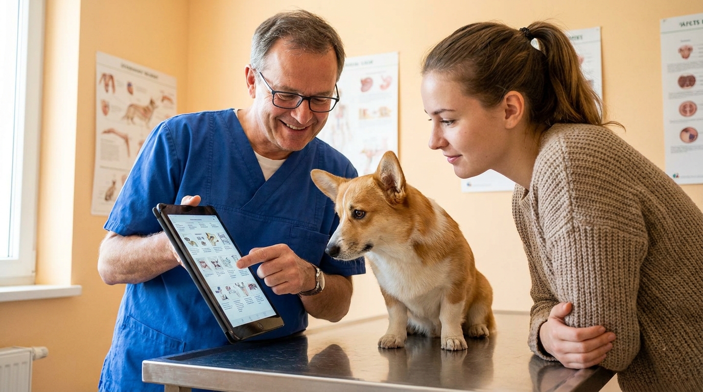 Veterinário conversando com tutor sobre diagnóstico de alergia alimentar em cachorro, com dieta de eliminação.