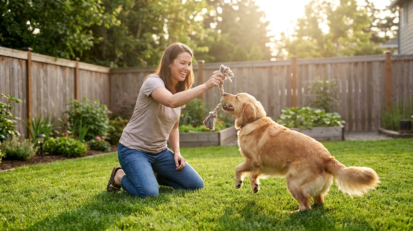 Tutor brincando com cachorro saudável em quintal limpo, livre de pulgas.