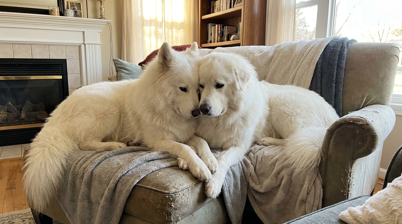 Dois cachorros brancos abraçados, simbolizando lealdade e afeto em relações.