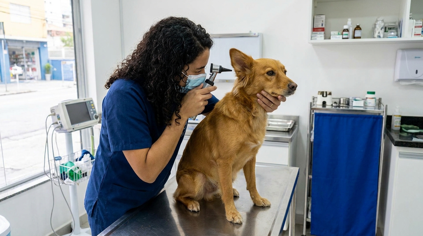 veterinária examinando ouvido de cachorro para investigar otohematoma.