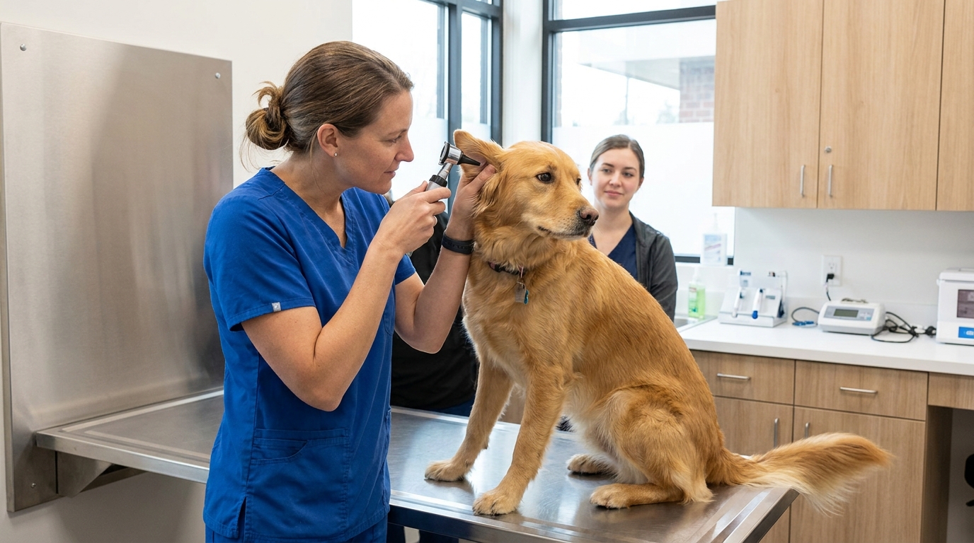 veterinário examinando a orelha do cachorro com otoscópio
