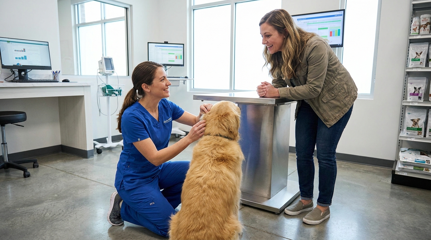 Veterinário examinando um cachorro com diarreia, enquanto o dono observa atentamente.