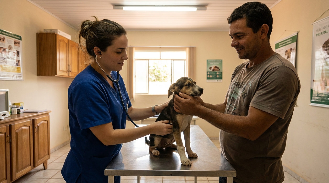 veterinária examinando cachorro filhote em consulta com tutor ao lado