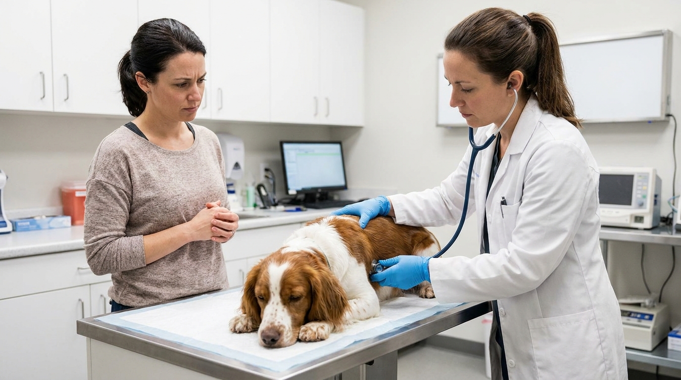 Veterinário examinando cachorro superaquecido enquanto tutor observa.
