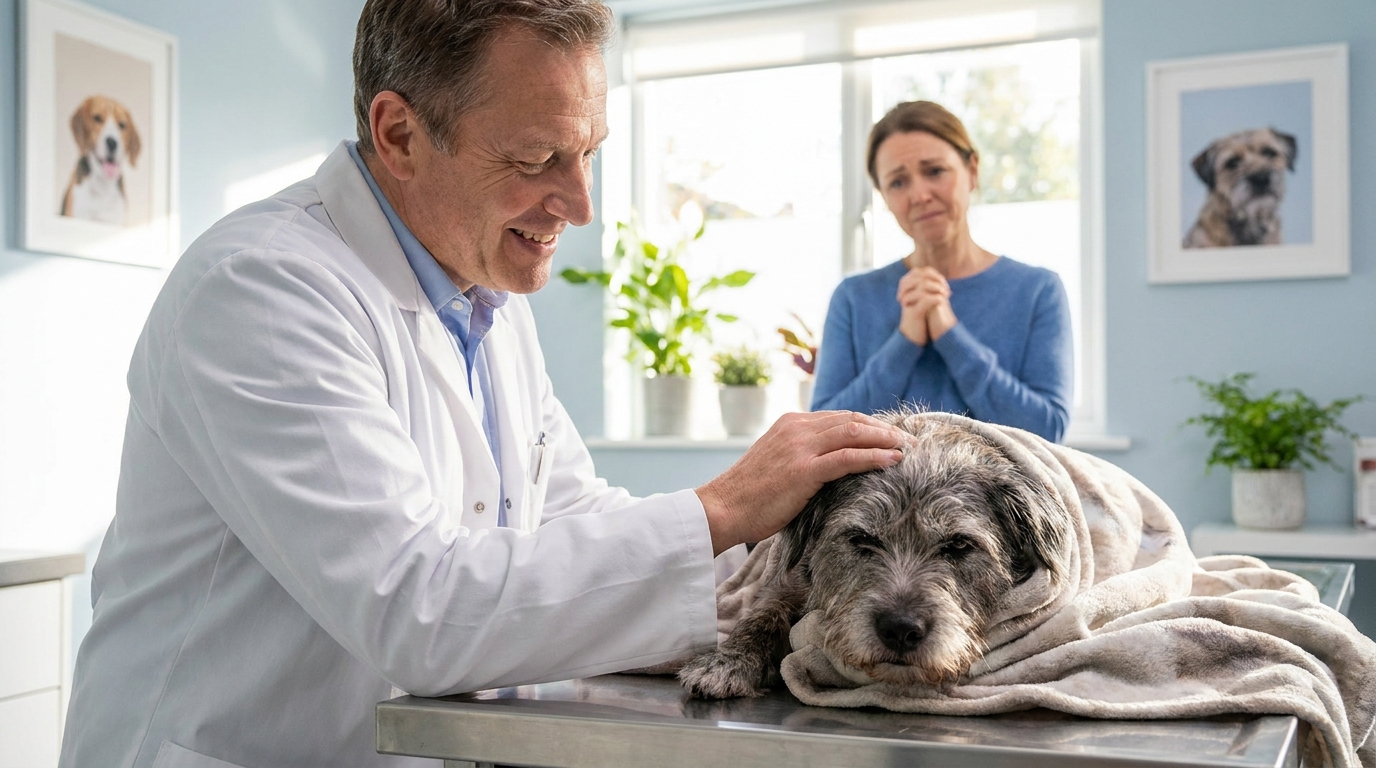 Veterinário examinando e acariciando cachorro idoso