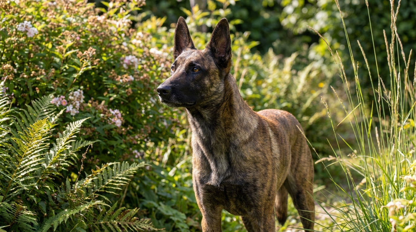 Cachorro com expressão alerta encarando em um jardim.
