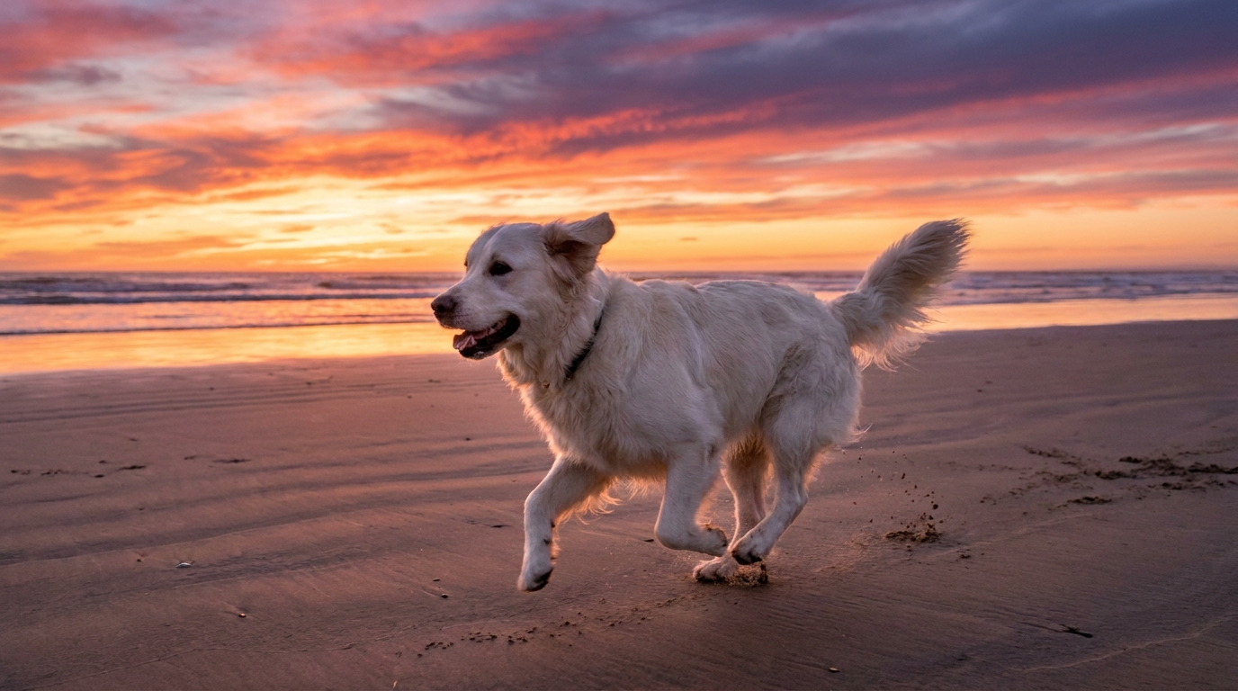 Cachorro branco correndo na praia, simbolizando liberdade e felicidade.